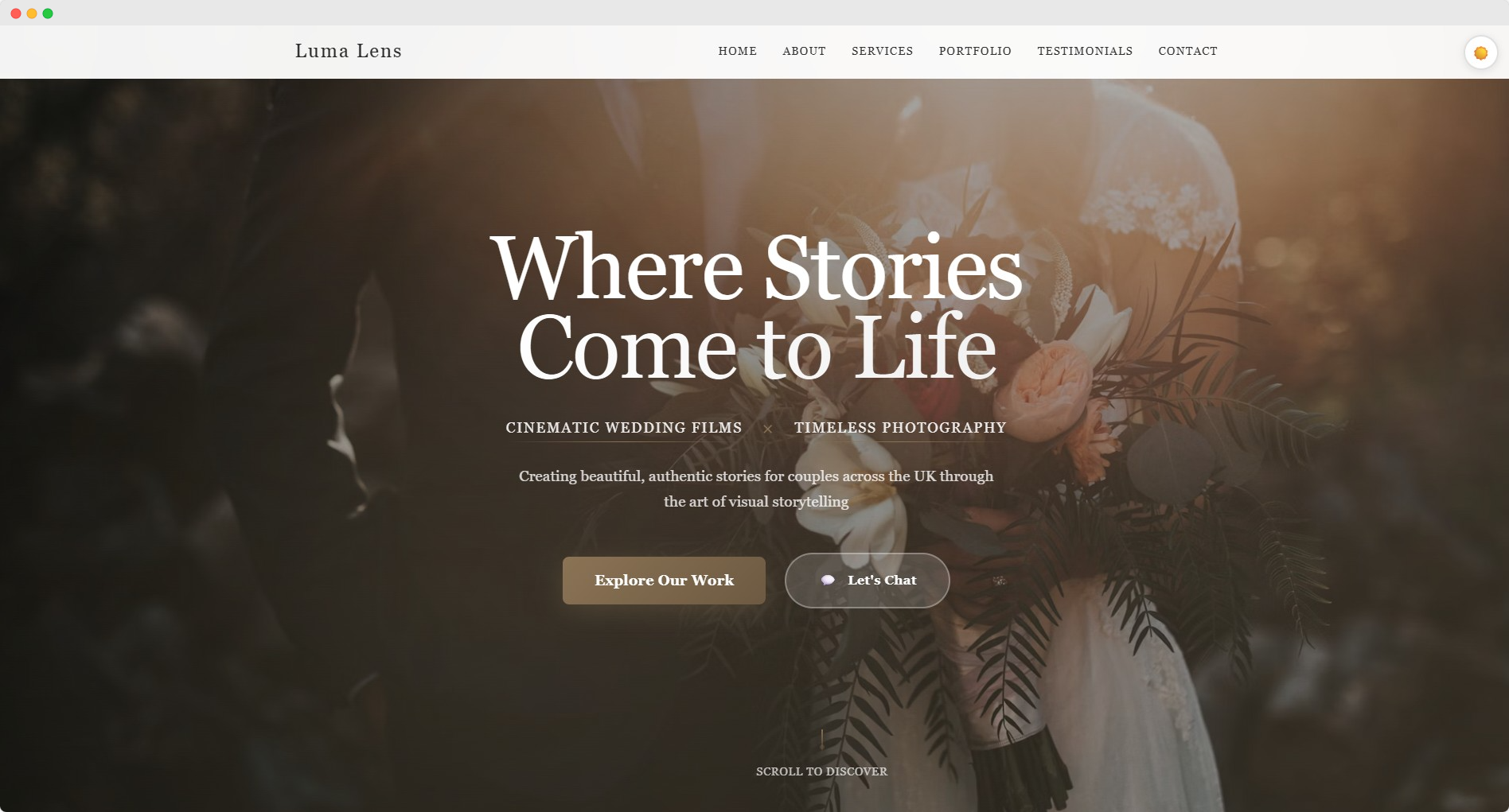 Luma Lens website mockup showing wedding photography site