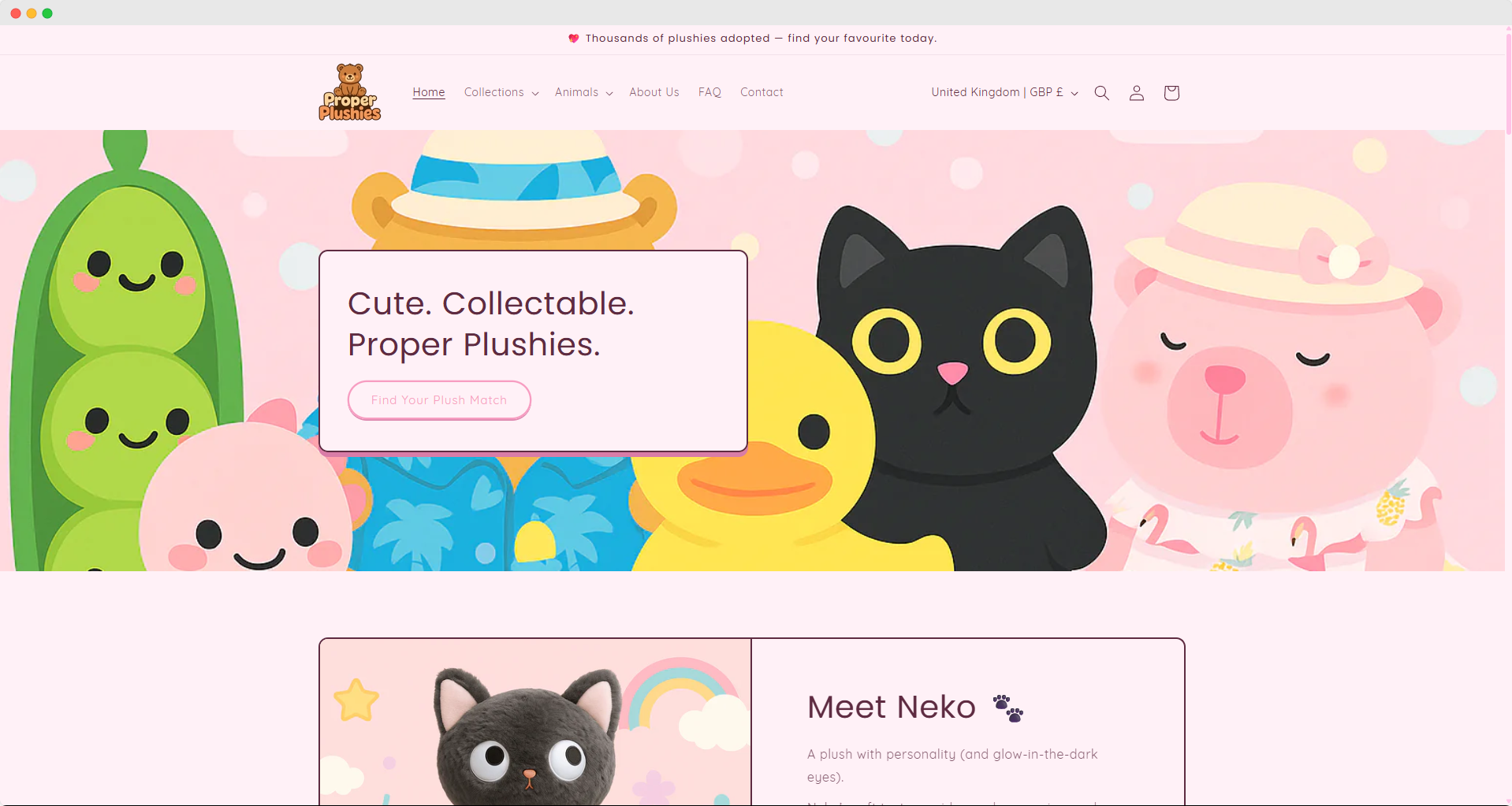 Proper Plushies e-commerce website design - playful and colorful layout featuring adorable plush toys with interactive product galleries, gift wrapping options, and child-safe checkout process
