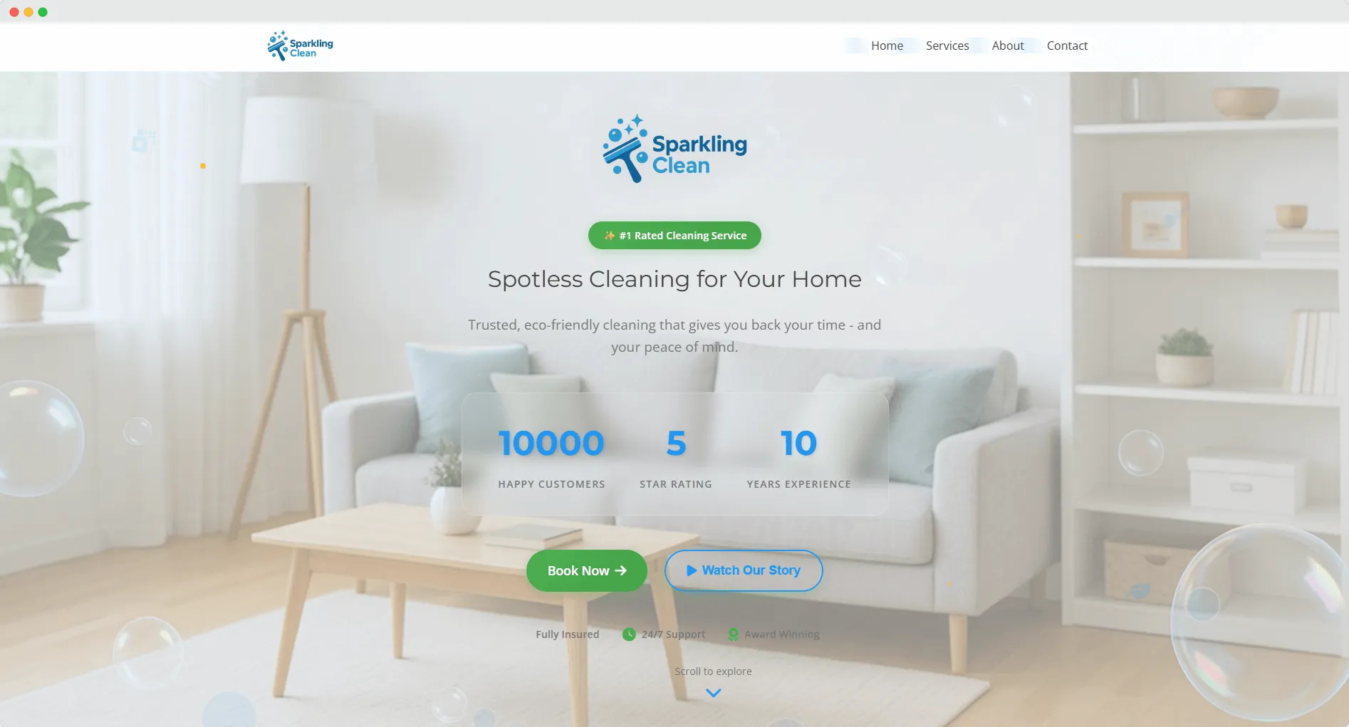 Sparkling Clean website mockup showing cleaning service site