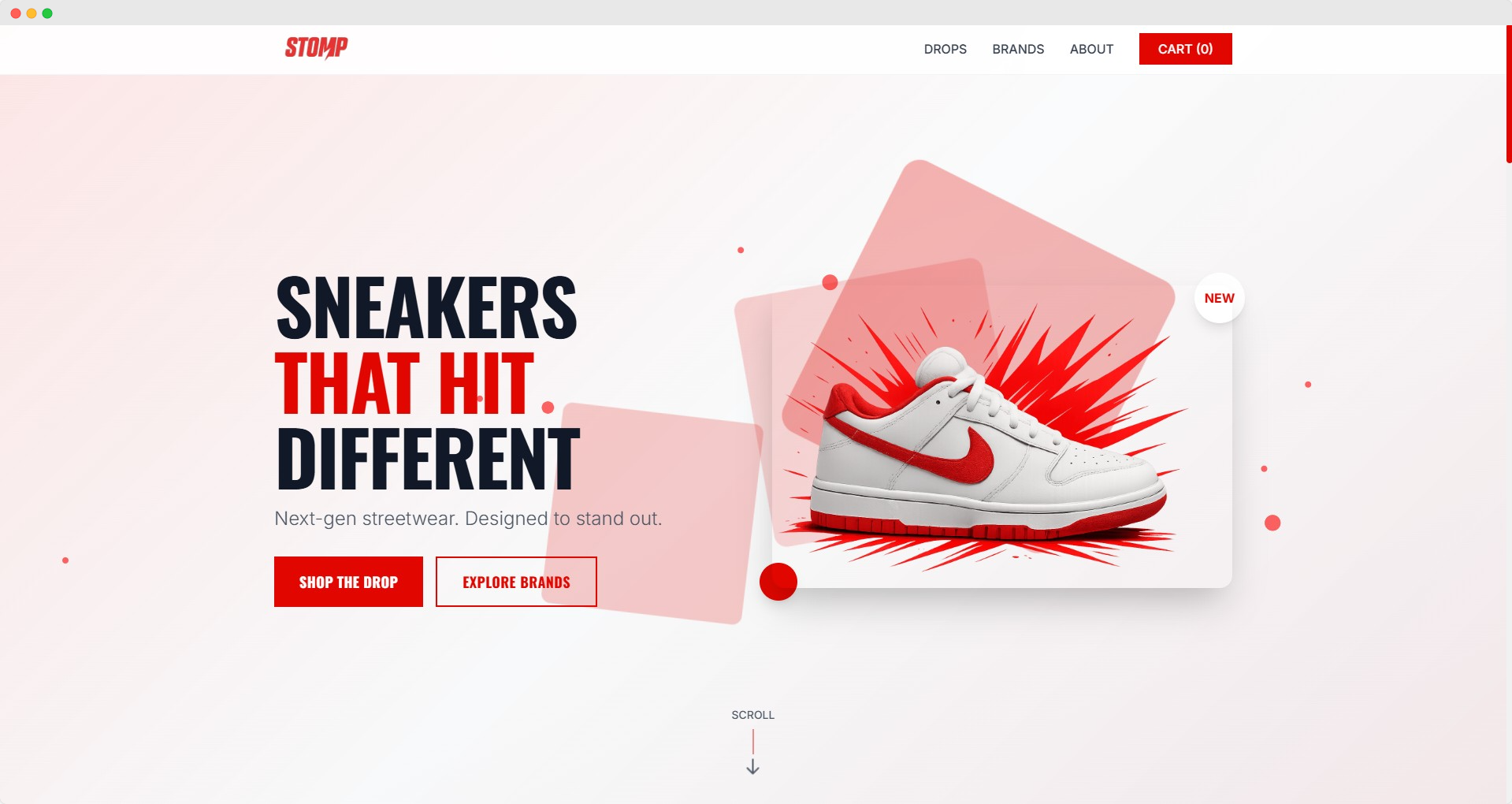 STOMP modern sneaker e-commerce website design - responsive layout featuring trendy footwear collections with advanced product filtering, size guides, and seamless checkout experience